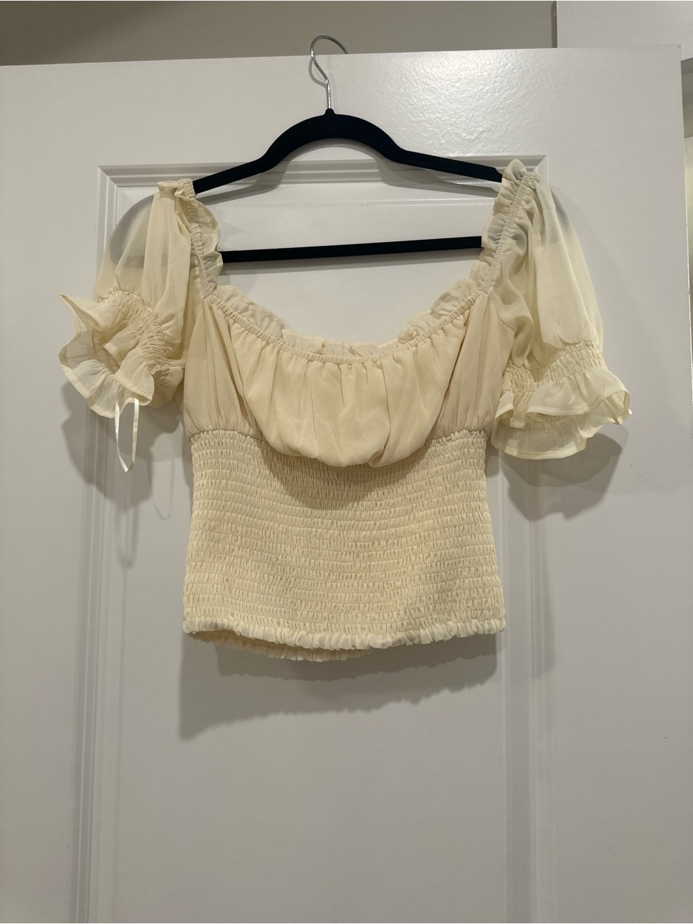 Smocked Square-Neck Crop Top in Cream - Picture 2 of 2